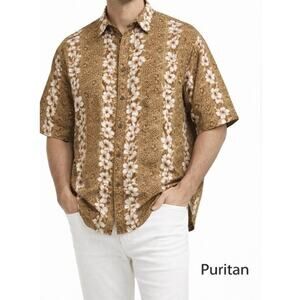 Puritan Mens Shirt Size 2XL Beige Floral Button Front Short Sleeve Collar Rayon